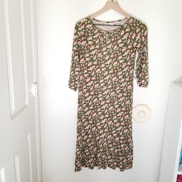 Boden Portobello Floral Midi Dress Sz 4L Pink/Green Ruffle Hem 3/4 Sleeves Belt - Picture 2 of 7